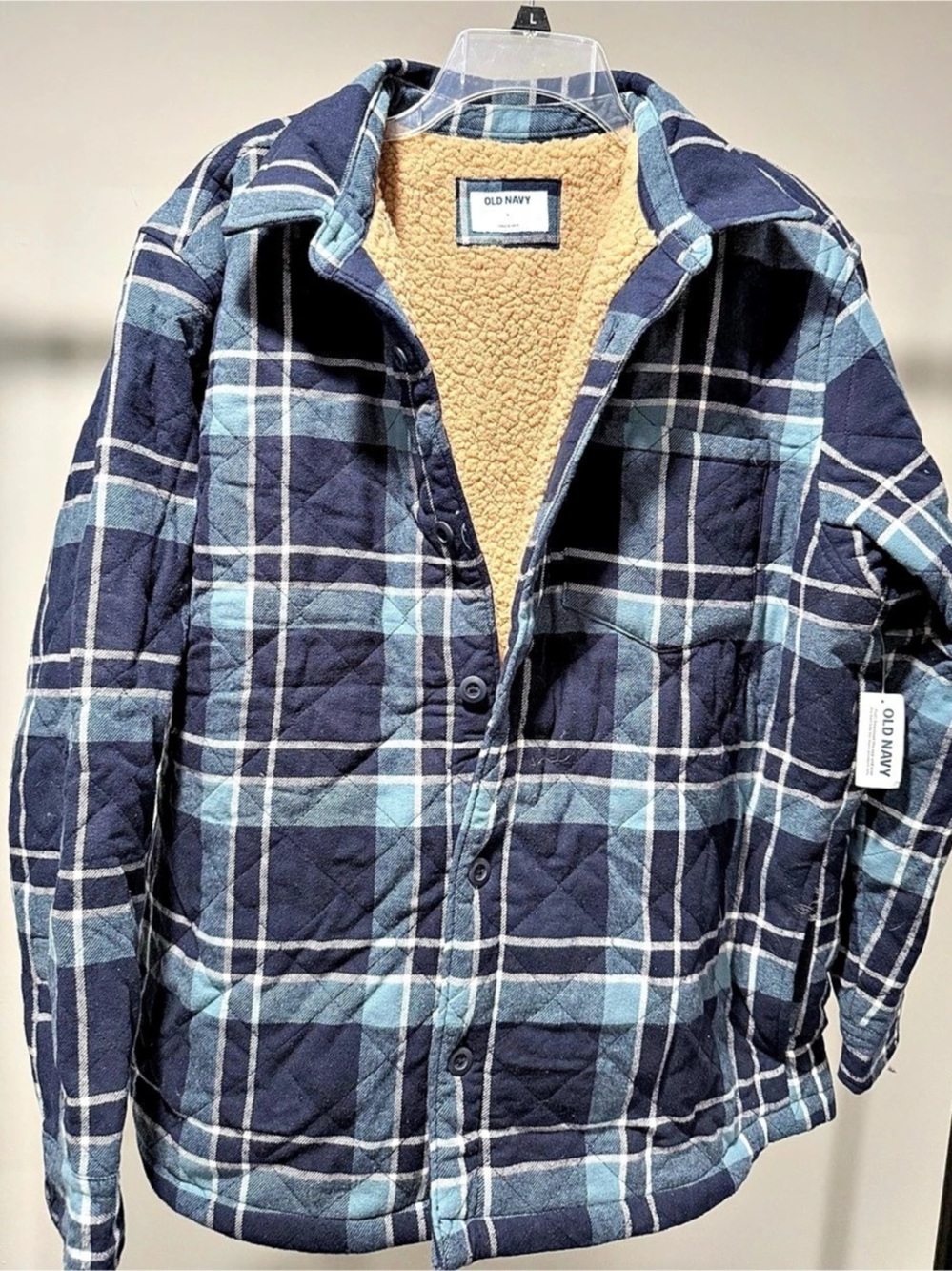 Old Navy Sherpa-Lined Quilted Flannel Shacket Men's Blue & Green